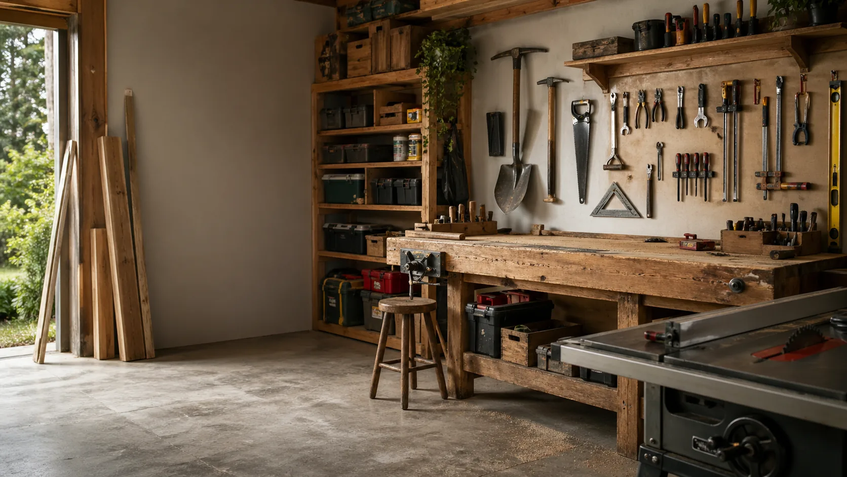 Workshop and workbench with tools