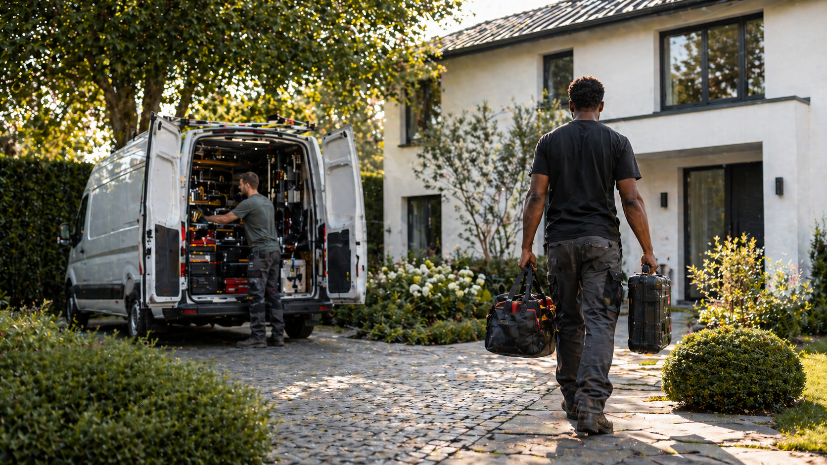 Tradespeople arriving at a job site with their equipment